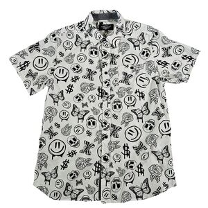 Eighty Eight Goth Print Short Sleeve Button Up Shirt, White/Black, Small NWOT
